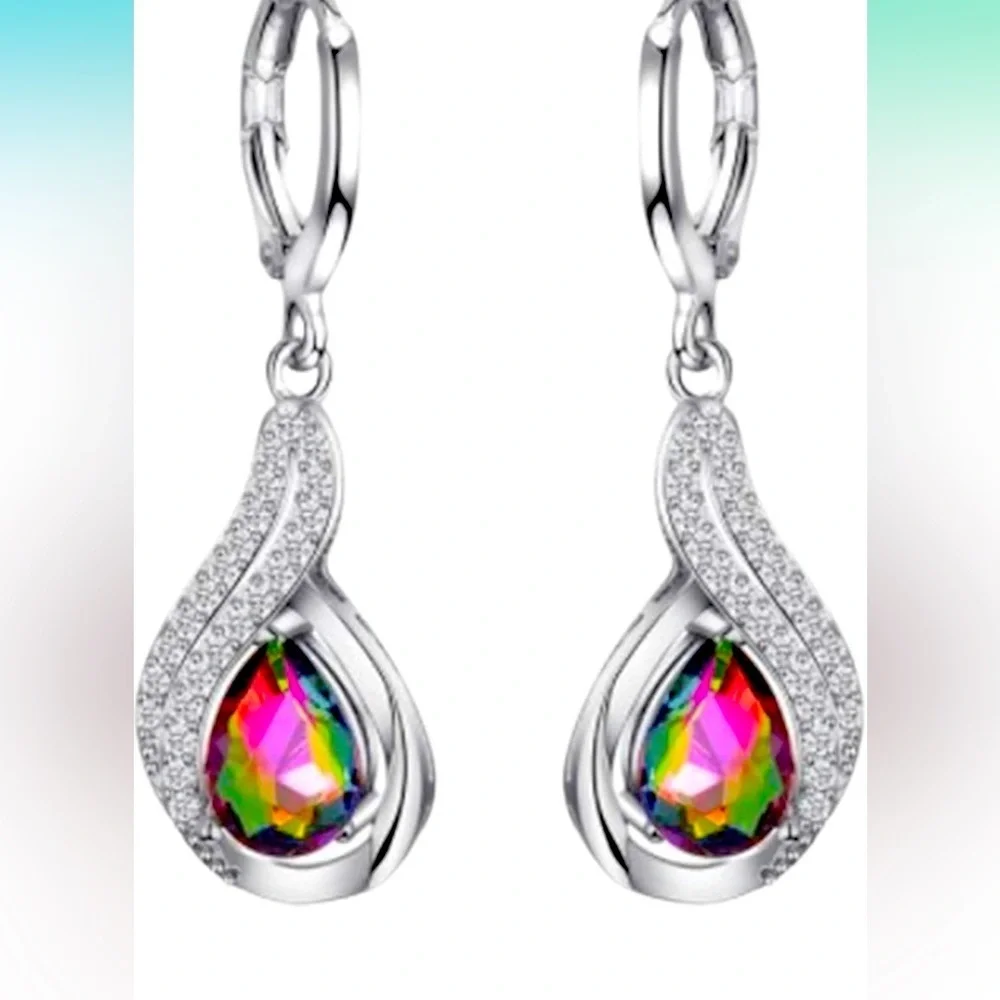 Mystic Rainbow Crystal Teardrop Dangle Earrings Silver Tone